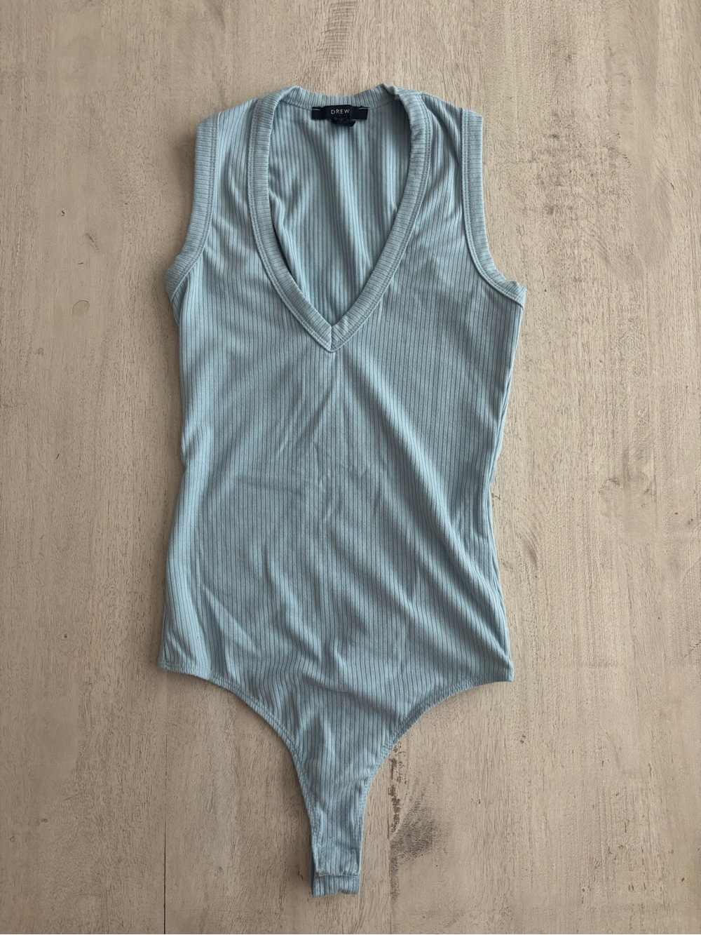 DREW Sky Blue Ribbed V-Neck Bodysuit
